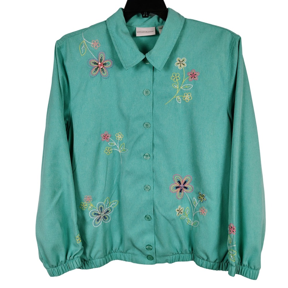 Alfred Dunner Womens SZ 18 Floral Embroidered Button Up Jacket Teal Grandmacore